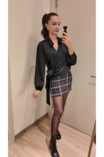Yandan Bağlamalı Gömlek Yaka Saten Bluz