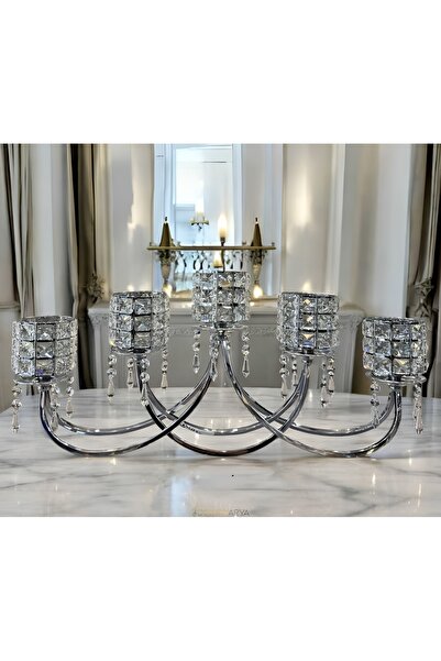 LOKMAN ZÜCCACİYE 5'Lİ KRİSTAL KARE TAŞLI GÜMÜŞ RENK YATAY MUMLUK ŞAMDAN AKSES...