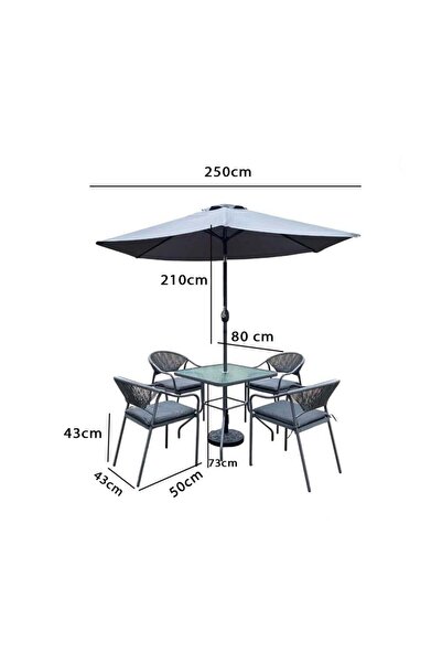 Family Ship Outdoor Dining Table Set 4 Chairs and Table with Glass Top and Umbrella - Grey
