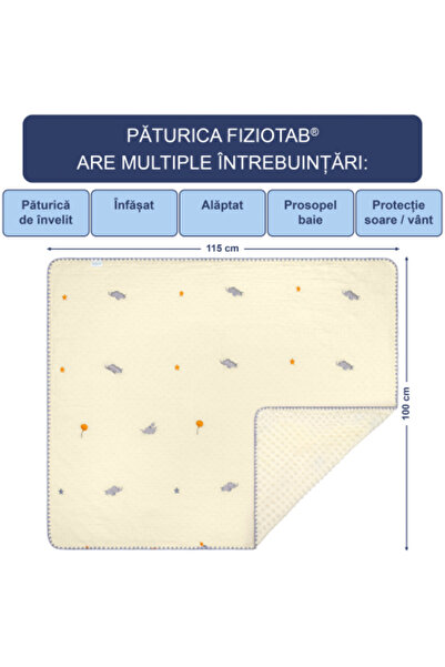 FizioTab Baby Blanket, Muslin/ Fleece Minky Dots, 100 x 115 cm, Elephants