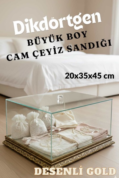 Dantelux Dikdörtgen Cam Çeyiz Sandığı - Çeyizlik Cam Sandık - Desenli Gold - ...