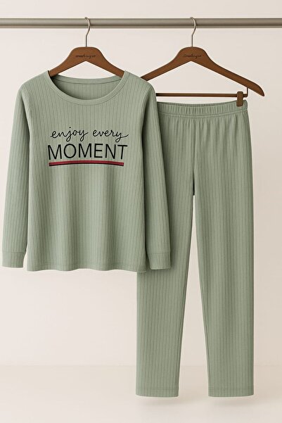enmodaiçgiyim Mint Green Striped Women's Pajama Set – Long Sleeve, Comfortable Fit, Soft Fabric, Stretchy