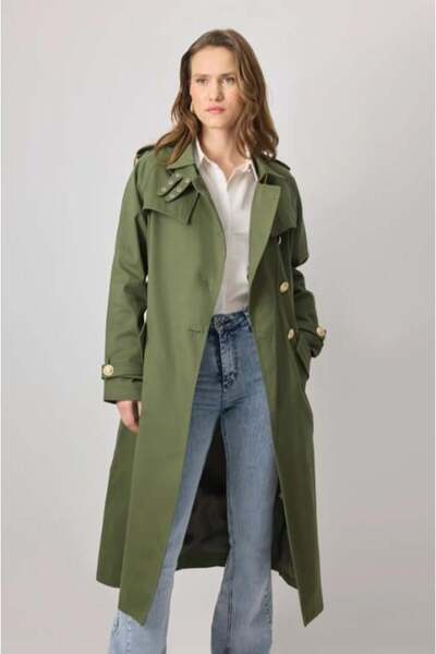 Touche Kemerli Gold Düğmeli Kruvaze Trençkot Haki