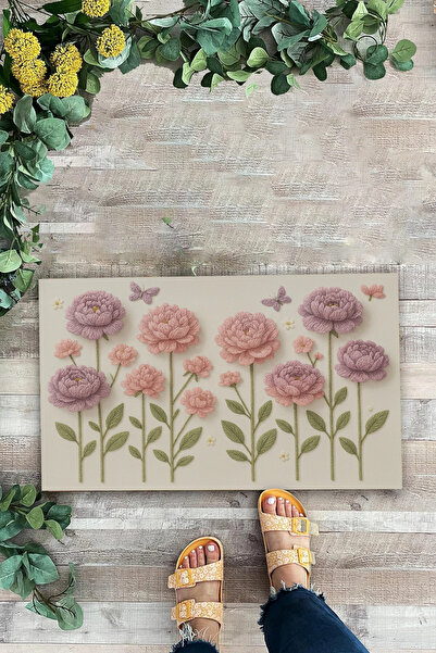 Valerine Life Dreams from Yarn Embroidered Peony Flowers Welcome Digital Printing Doormat 45X70Cm