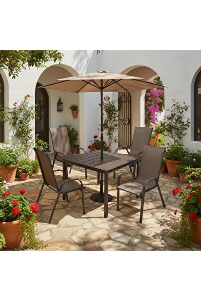 Family Ship Outdoor Dining Table Set with 4 Chairs and Umbrella - Brown