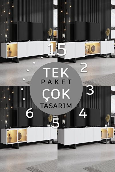 Modatte ZENİT TV ÜNİTESİ 15 TASARIM TEK PAKET DUVARA MONTAJ, METAL AYAKLI, FÜME PVC CAM, LED IŞIK MD2605