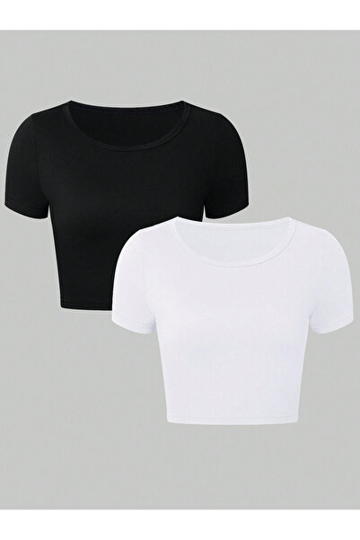 Liona 2'Li Paket Düz Baskısız Beyaz Siyah Renk Bisiklet Yaka Kısa Kollu Crop ...