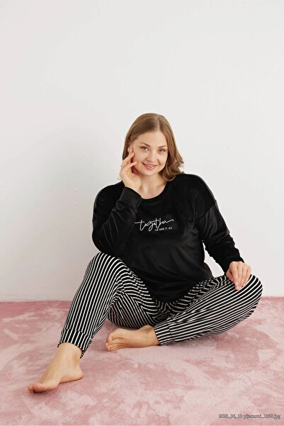 Pijamoni Women's Plus Size Soft Velvet Black Pajama Set