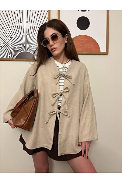 Store Kadın Bağlama Detaylı Salaş Kaşe Hırka Ceket