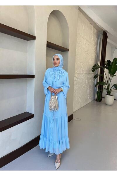 KULVAR TREND 5729 Yaka ALt Volanlı Ön Boydan Fırfırlı Şifon Elbise