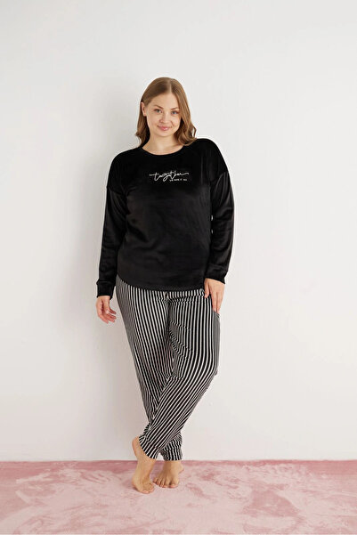 Pijamoni Women's Plus Size Soft Velvet Black Pajama Set