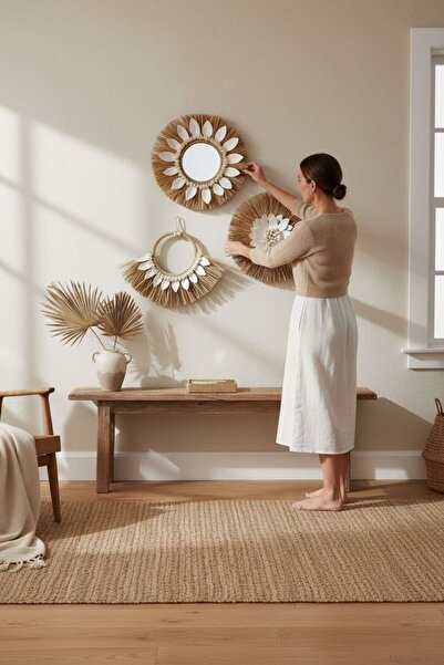 PearlHome Doğal Rafya Duvar Süsü Deniz Kabuklu Tazı boncuklu Eva Duvar Süsü Duvar Aynası Bohem Dekor