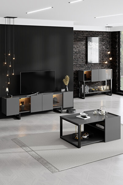 Modatte ZENİT TV ÜNİTESİ 15 TASARIM TEK PAKET DUVARA MONTAJ, METAL AYAKLI, FÜME PVC CAM, LED IŞIK MD2604