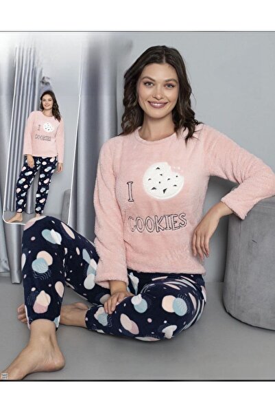 MOPİ طقم بيجامة من قطعتين بأكمام طويلة وياقة دائرية مصنوعة من القطيفة بنقشة ح...