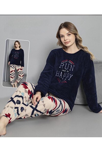 MOPİ طقم بيجامة من قطعتين بأكمام طويلة وياقة دائرية مصنوعة من القطيفة بنقشة ح...