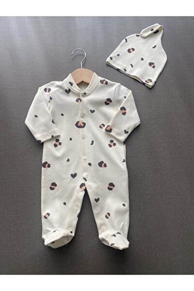 İNCİLA GY İncila Kız Bebek %100 Organik Pamuk Desenli Bereli Tulum Set