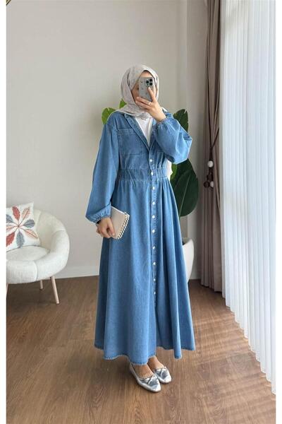 KULVAR TREND Y-03 Beli Kalın Lastikli Gömlek Yaka Kot Elbise