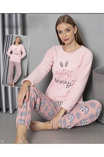 MOPİ طقم بيجامة من قطعتين بأكمام طويلة وياقة دائرية مصنوعة من القطيفة بنقشة ح...