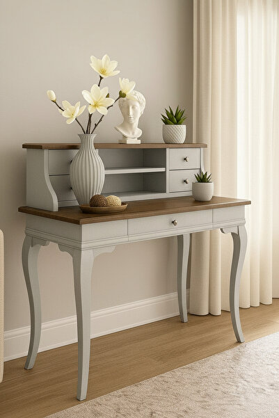 Wooding Mobilya 100 Cm 5 Çekmeceli Masif Gri Ceviz Raflı Çalışma Masası