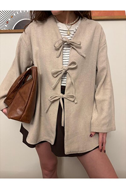 Store Kadın Bağlama Detaylı Salaş Kaşe Hırka Ceket