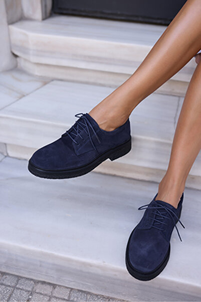 ANGELİNA JONES Lech Women's Dark Blue Genuine Suede Oxford Loafer Shoes