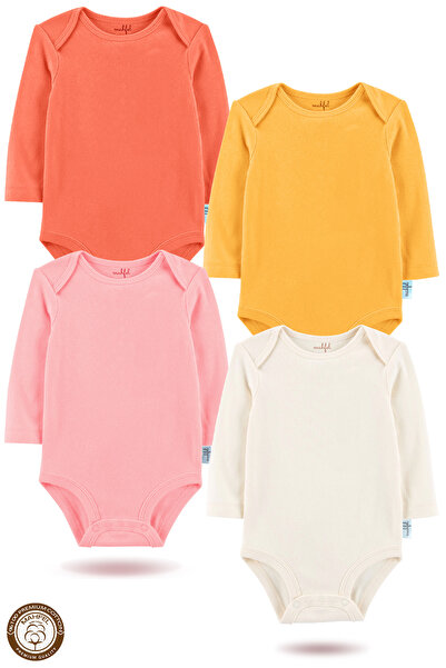 MAHFEL 100% Cotton Long Sleeve Baby Bodysuit Snap Fastener Bodysuit Set of 4