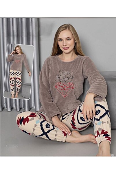 MOPİ Plush Crew Neck Animal Pattern Warm and Soft Long Sleeve 2-Piece Pajama Set