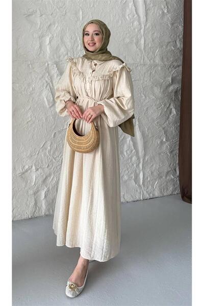 KULVAR TREND 2508 Yarım Pat Fırfır Detaylı Bağıcıklı Bürümcük Elbise