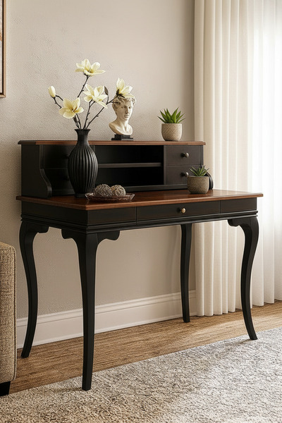 Wooding Mobilya 100 Cm 5 Çekmeceli Masif Siyah Ceviz Raflı Çalışma Masası