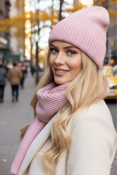 Trenderrs Women's Mohair Wool 2-Piece Scarf Beanie Set Thick Ribbed Knitwear Winter Set