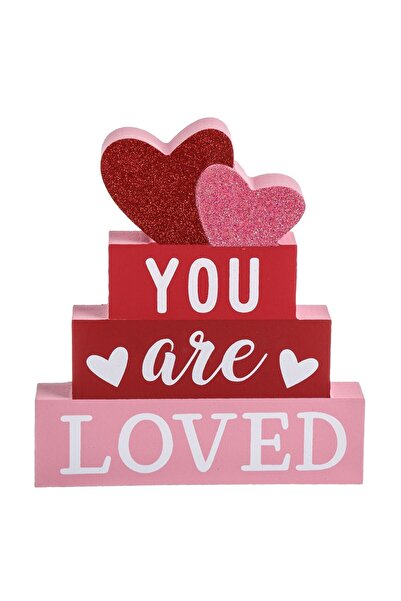 OEM Wooden Table Decoration with Pink Red Hearts & Message 18x3x19.5cm