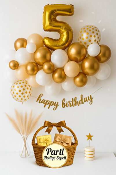 parti hediye sepeti Gold White 5Th Birthday Balloon Set |   Happy Birthday Te...