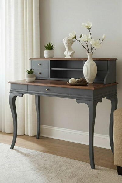 Wooding Mobilya 120 Cm 5 Çekmeceli Masif Antrasit Ceviz Raflı Çalışma Masası