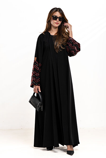 Hasnaa Abaya عباية ريانه مطرزة باللون العنابي