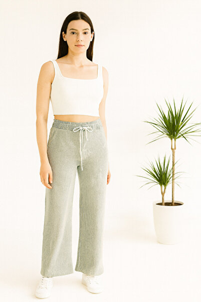 ŞIK VE MUTLU Wide Leg Cotton Striped Tie-Up Pants