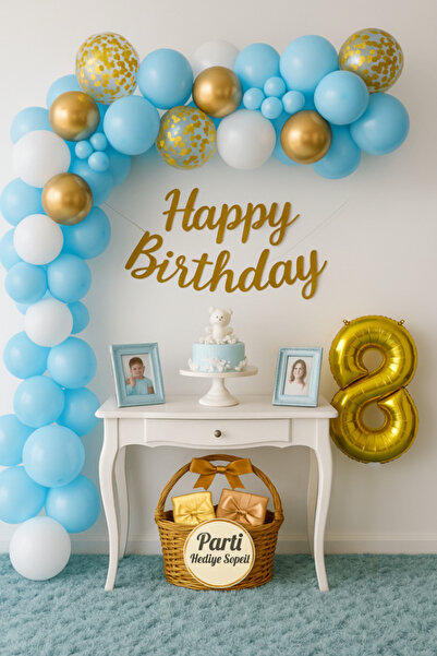 parti hediye sepeti Blue White Gold 8Th Birthday Balloon Set with Happy Birth...