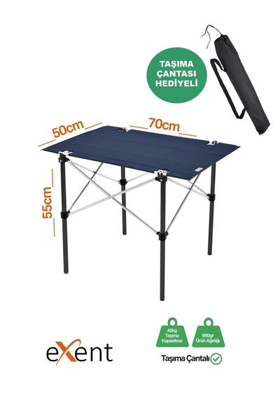 Exent 50x70 cm Kamp Masası Katlanabilir Masa, Piknik Masası, Siyah Taşıma Çantalı-LACİVERT