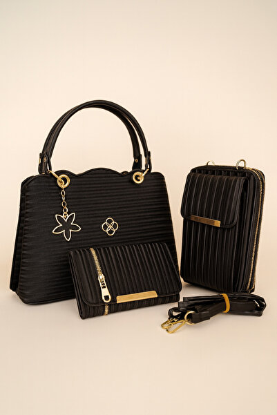 MOLDİVA Set de 3 genți negre pentru femei | Geantă de umăr, geantă pentru telefon și portofel cu mai multe compartimente | Zilnic și elegant