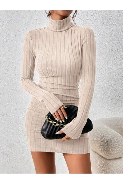 Maly Love Beige Ribbed Turtleneck Long Sleeve Mini Dress – Slim Fit Knitwear ...