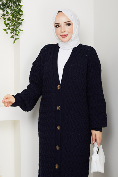 Pamuk Butik Women's Anthracite Basket Knit Buttoned Full Length Knitwear Cardigan Navy Blue