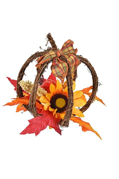 OEM Fall Decoration Pumpkin with Sunflower Leaves & Checkered Bow