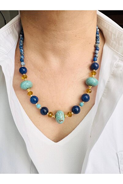 DEVİ fashion Firuze Ve Jade Doğal Taş Kolye 53 cm