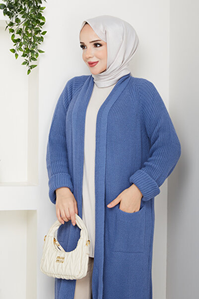 Pamuk Butik Γυναικεία χειμερινή φαρδιά μακριά ζακέτα με τσέπες γκρι μπλε