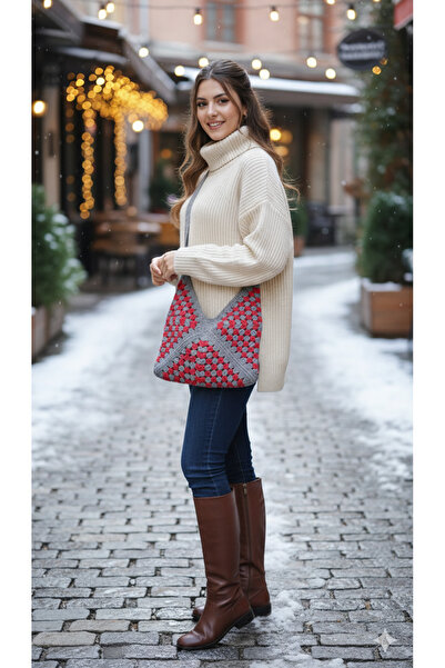 shop Bag Hand Knitted Bag Casual Design Bag Gray Red Bag Paper String Bag