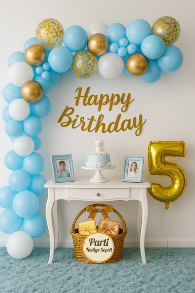 parti hediye sepeti مجموعة بالونات عيد ميلاد ذهبية زرقاء وبيضاء لعمر 5 سنوات ...