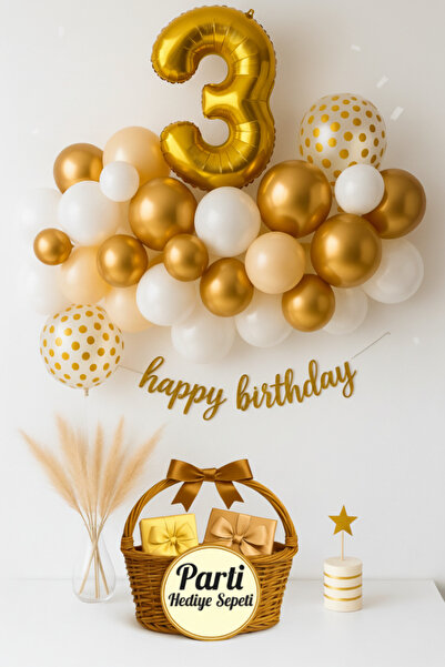 parti hediye sepeti Gold White 3Rd Birthday Balloon Set |   Happy Birthday Te...