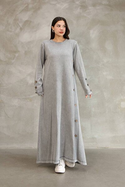 AYASOFYA OTANTIK Women's Gray Round Neck Plain Pattern Button and Distressed Detail Loose Cotton Long Knit Dress