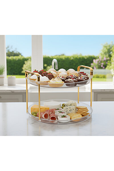 Cozy Nest 2-Tier Round Fruit Serving Tray with Gold Handles Cake Stand for Serving Food, Drinks, Pastry