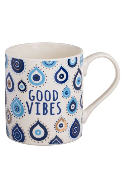 OEM White Ceramic Mug with Eye Drop Pattern "Good Vibes" 370ml
