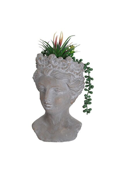 OEM Decorative Cement Pot Woman's Face with Artificial Plant 14x15x27cm